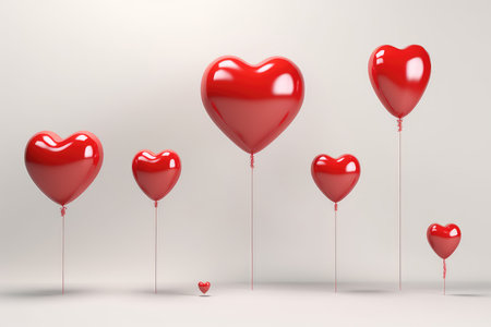 Red heart shaped balloons on a white background. 3D Renderingの素材