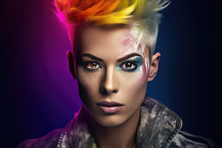 Portrait of a beautiful girl with bright make-up and hairstyleの素材