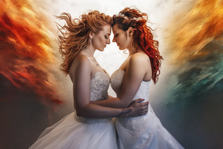 Beautiful red-haired bride and groom in a white wedding dressの素材