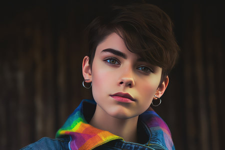 Portrait of a beautiful young woman with makeup in fashion clothes.の素材