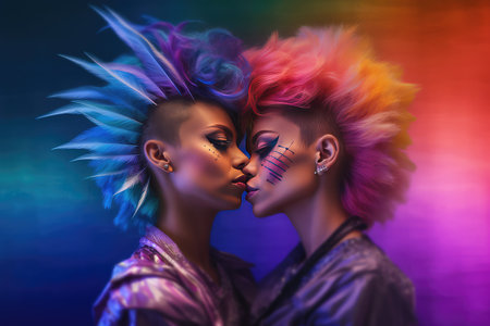 Portrait of two beautiful girls with bright make-up and hairstyleの素材