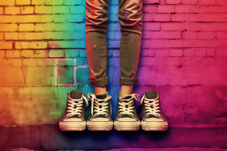 Female legs with sneakers on graffiti wall background. Street style concept.の素材