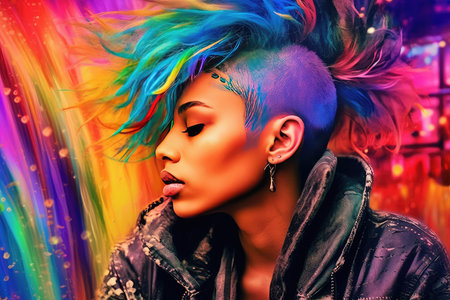Portrait of a beautiful young woman with colorful hair. Beauty, fashion.の素材