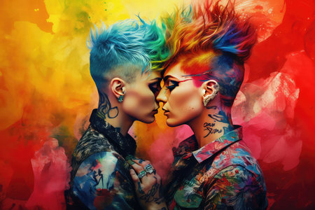 Portrait of two punk girls with colorful make up and hairstyle.の素材