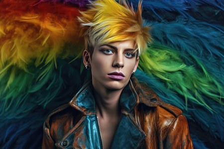 Portrait of a beautiful woman with bright make-up and colorful hair.の素材