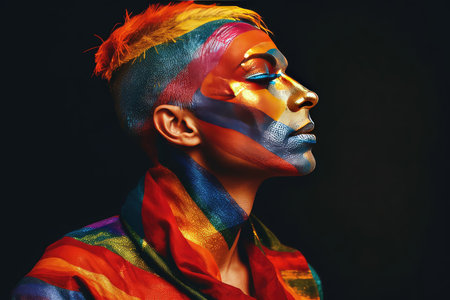 Portrait of a young man with multicolored paint on his faceの素材