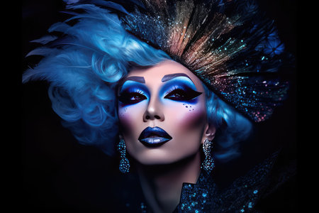 Portrait of a beautiful woman with blue make-up and blue feathersの素材