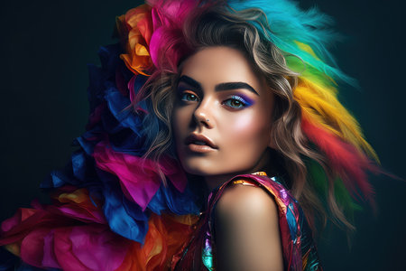 Portrait of a beautiful young woman with bright make-up and multi-colored hair.の素材