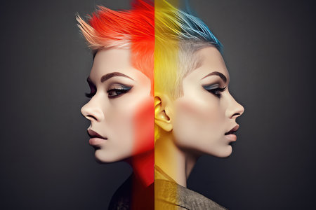 Portrait of a beautiful young woman with short blond hair and colorful makeup.の素材
