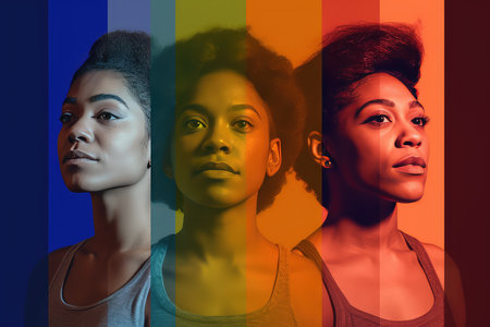 multiethnic women in sportswear looking at camera on rainbow backgroundの素材