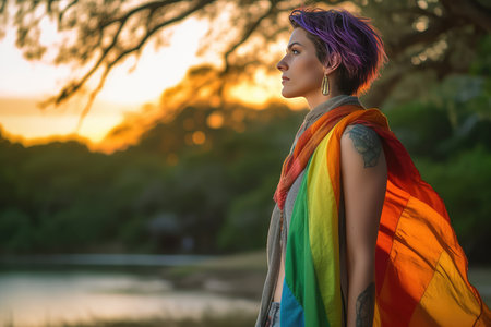 Portrait of a beautiful young woman with rainbow hair, wrapped in a colorful shawl, standing in front of a river.の素材
