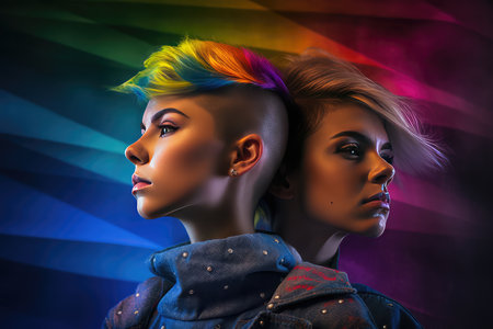 Fashion portrait of two young women in neon light. Girl with colorful hair.の素材