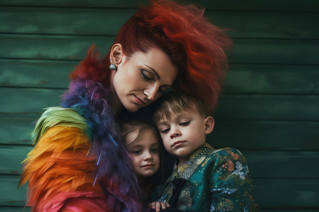 Mother with two children in colorful clothes on a green wooden background.の素材