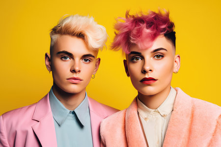 portrait of two stylish girls in pink and blue coats isolated on yellowの素材