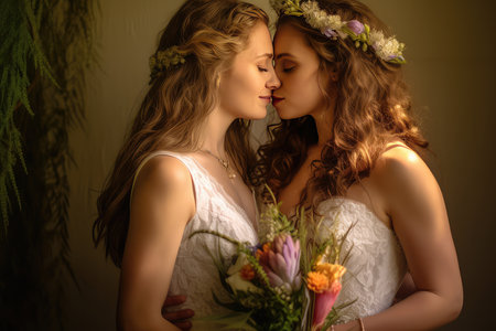 Two beautiful girls in wedding dresses with bouquets of flowers.の素材