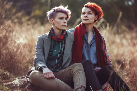 Two beautiful young hipster girls in casual clothes posing in autumn fieldの素材