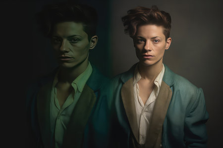 Portrait of a young handsome man and woman in classic suits. Men's beauty, fashion.の素材