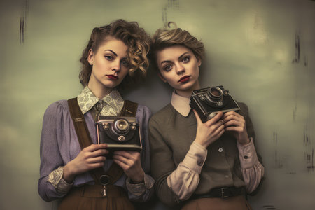 Portrait of two beautiful young women with retro camera. Studio shot.の素材