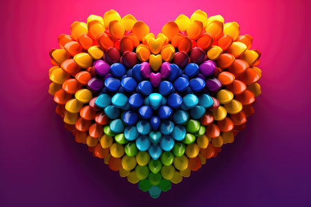 Heart made of colorful balloons on purple background. 3D illustration.の素材
