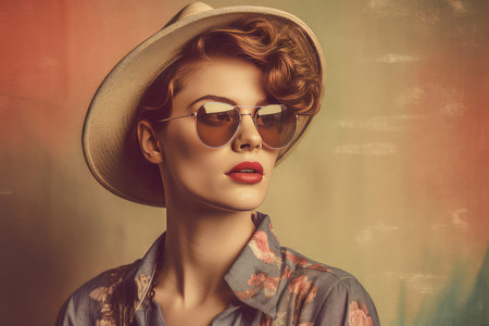 Fashion shot of a beautiful young woman in elegant hat and sunglasses.の素材