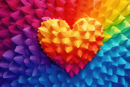 Colorful origami heart background. 3d rendering, 3d illustration.の素材
