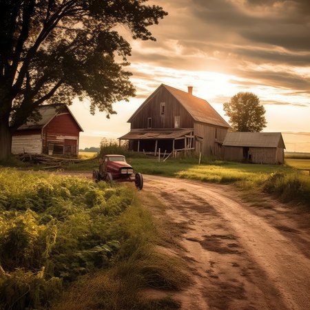 Abandoned farm house at sunset with a car in the foregroundの素材