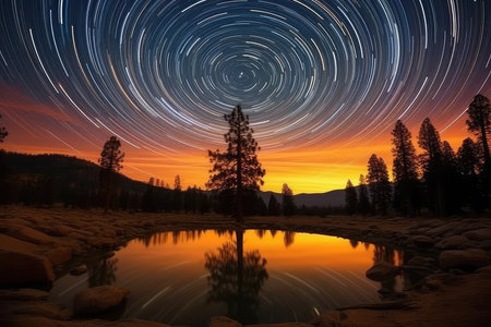 Star trails over the lake in Yosemite National Park, California, USAの素材
