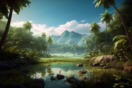 Fantasy landscape with tropical forest and lake. 3D Renderingの素材