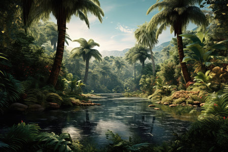 Tropical forest with river and palm trees. 3d renderの素材