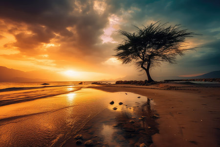 Beautiful sunset over the sea with a lonely tree on the beachの素材