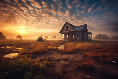 Abandoned house in the field with fog at sunrise, Thailandの素材