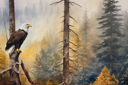 Bald Eagle sitting on a branch in a forest. Digital painting.の素材