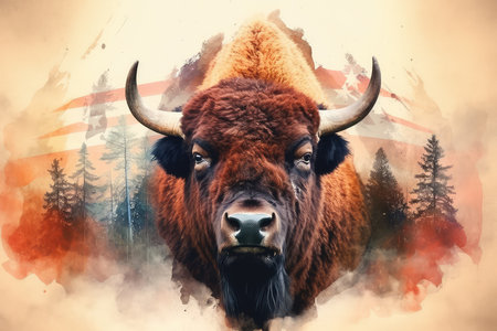 Double exposure portrait of a bison in front of the USA flag.の素材