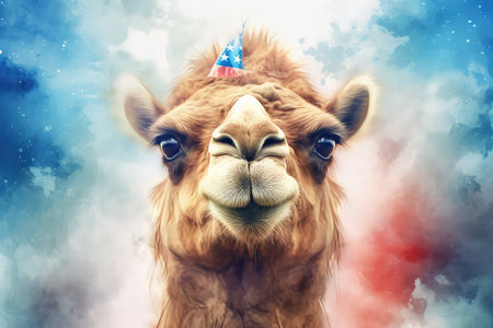 Portrait of a camel wearing a birthday hat. 3D renderingの素材