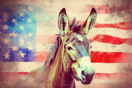 Horse with american flag on grunge background, tonedの素材