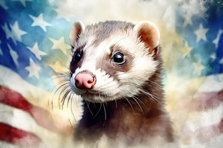 Ferret portrait on the background of the American flag. Digital painting.の素材