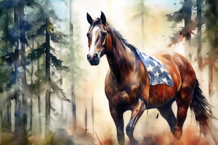 Digital painting of a bay horse in a pine forest. Digital painting.の素材