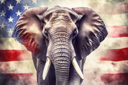 Elephant in the United States of America flag with smoke on backgroundの素材
