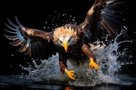 White-tailed Eagle (Haliaeetus albicilla) splashing water on black background.の素材
