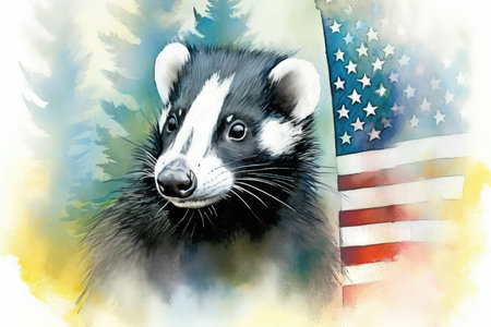 Watercolor illustration of a black and white badger with an American flag.の素材