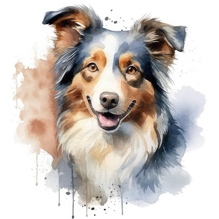 Watercolor portrait of Australian shepherd dog. Hand drawn watercolor illustration.の素材