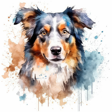 Watercolor portrait of australian shepherd dog. Hand drawn watercolor illustrationの素材