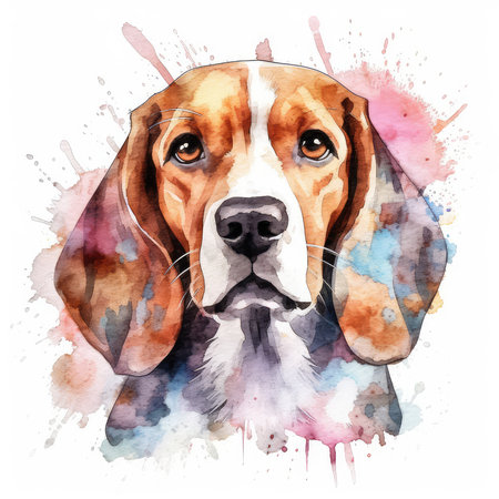 Beagle dog portrait. Watercolor hand drawn illustration on white backgroundの素材