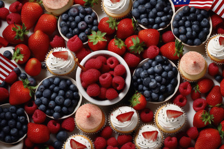 Delicious cupcakes with berries and American flag as background, top viewの素材