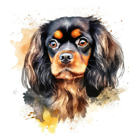 Cavalier King Charles Spaniel portrait. Watercolor painting on white backgroundの素材