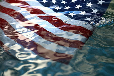 American flag in water with ripples. 3d render. American flag backgroundの素材