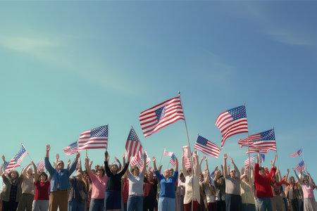 Group of diverse people holding american flags in a sunny day.の素材
