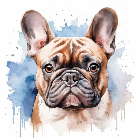 French bulldog portrait. Watercolor hand drawn illustration on white backgroundの素材