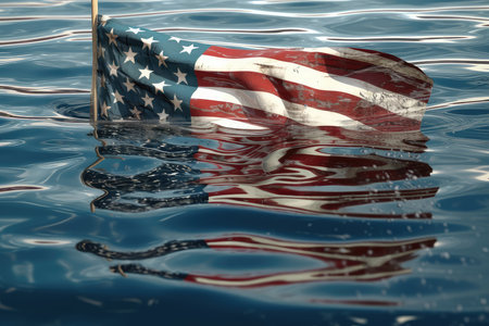 American flag floating on the water. 3D illustration. Conceptual image.の素材