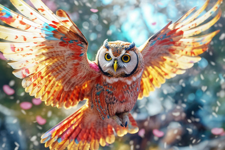 Beautiful owl flying in the forest. Wildlife scene from nature.の素材